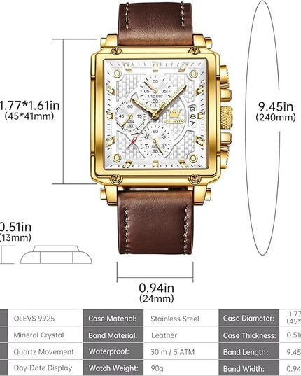 OLEVS Men's Chronograph Leather Watch, Big Face Easy to Read Analog Quartz Dress Watch, Casual Waterproof Luminous Hands Date Watches for Men, White/Blue/Black/Gold Dial