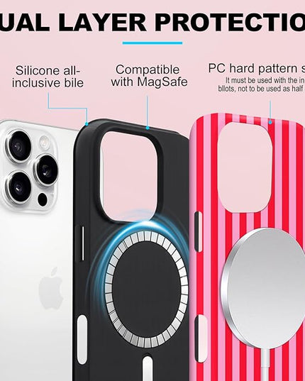 Magnetic for iPhone 15 Plus Case Cute Stripes Phone Case, Shockproof Slim TPU and Hard PC Protective Phone Cover Compatible with MagSafe Designed for Women Girls, Red and Pink