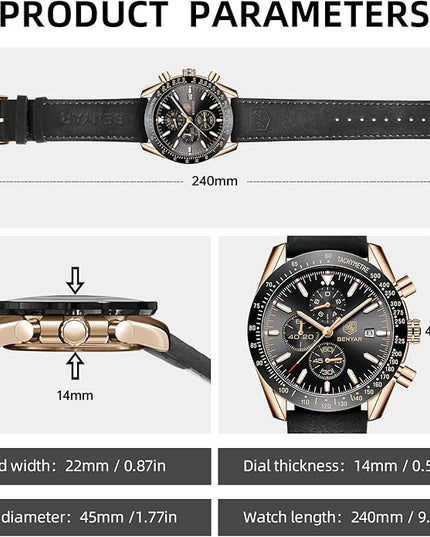 BY BENYAR Watch for Men Analog Quartz Chronograph Waterproof Luminous Designer Mens Wrist Watches Business Work Sport Casual Dress Watch with Silicone Strap Elegant Gifts for Men