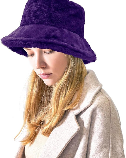 Women Plush Fluffy Bucket Hat Warm Lining Winter Faux Fur Cozy Wide Brim Winter