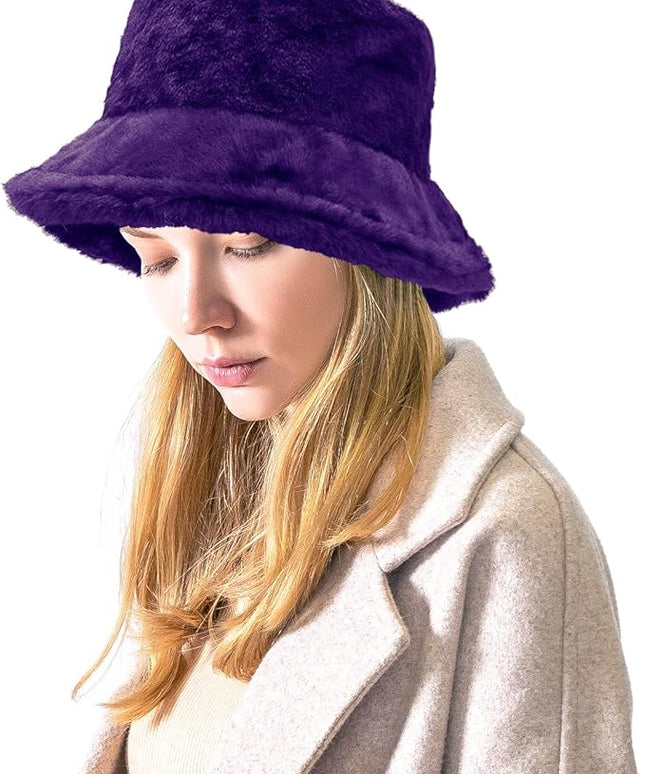 Women Plush Fluffy Bucket Hat Warm Lining Winter Faux Fur Cozy Wide Brim Winter