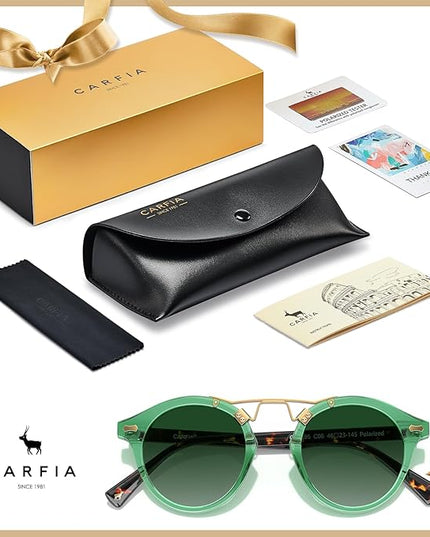 CARFIA Small Face Acetate Polarized Sunglasses for Women UV Protection, Retro Double Bridge Eyewears Metal Brow Round Sunnies