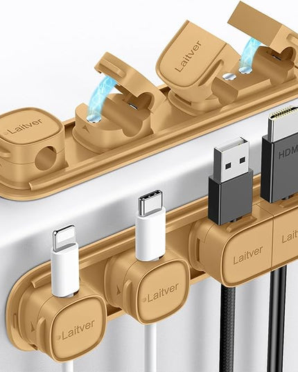 6 Pack Magnetic Cable Clips [1s Open/Lock], Laitver Cord Organizer Holder Strong Adhesive Desk Cable Management- Organize Charging Cords Neatly for Home, Office, Car,Desk, Nightstand-Milk Coffee