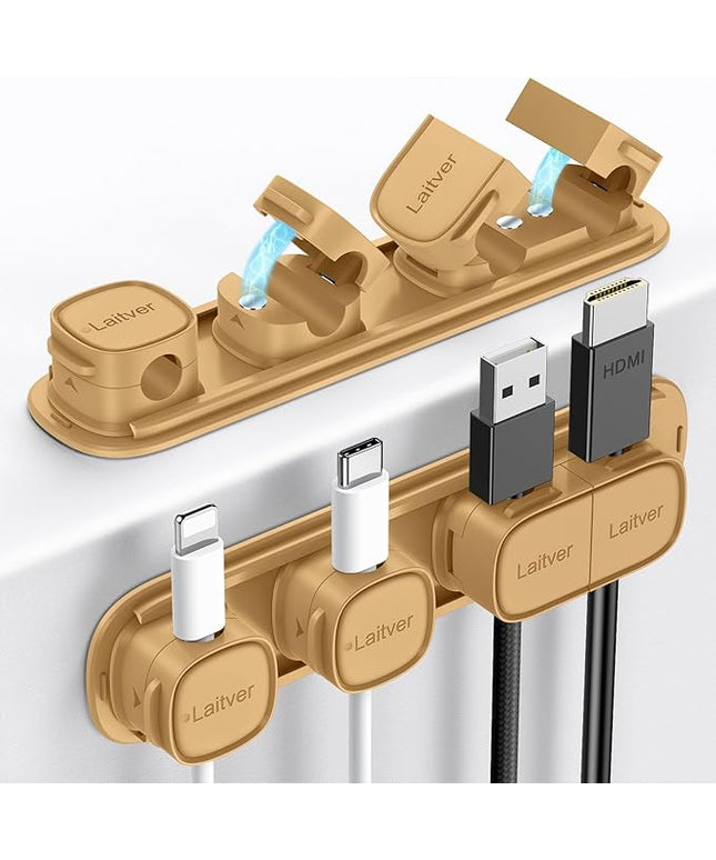 6 Pack Magnetic Cable Clips [1s Open/Lock], Laitver Cord Organizer Holder Strong Adhesive Desk Cable Management- Organize Charging Cords Neatly for Home, Office, Car,Desk, Nightstand-Milk Coffee