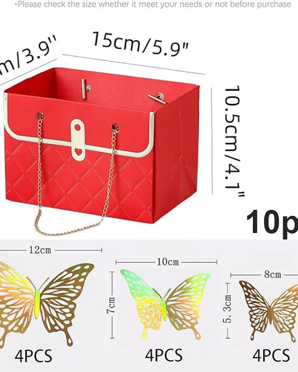 JHXTZ 10 Pack Flower Paper Gift Bags with 12pcs Gold Dazzle 3D Butterfly Decoration, Portable Floral Handbag Box with Metal Chain, Florist Carrier for Valentine's Day Birthday Gifts(Red)