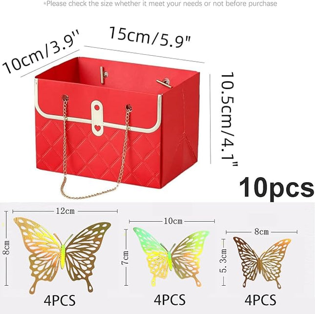 JHXTZ 10 Pack Flower Paper Gift Bags with 12pcs Gold Dazzle 3D Butterfly Decoration, Portable Floral Handbag Box with Metal Chain, Florist Carrier for Valentine's Day Birthday Gifts(Red)