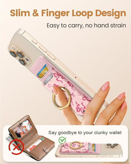 Shorogyt Compatible with Magsafe Wallet Magnetic Card Holder - Phone Wallets with Ring Grip Stand Cute Fashion for iPhone 17/16/15/14/13/12 Series for Women Girls Pk Butterfly Design, Fit 3 Cards