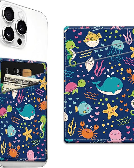 Phone Card Holder, Dual Pocket Leather Wallet Adhesive Stick On, Cute Credit Card Holder for Smartphones Case Compatible with Most Phone（Cute whale）