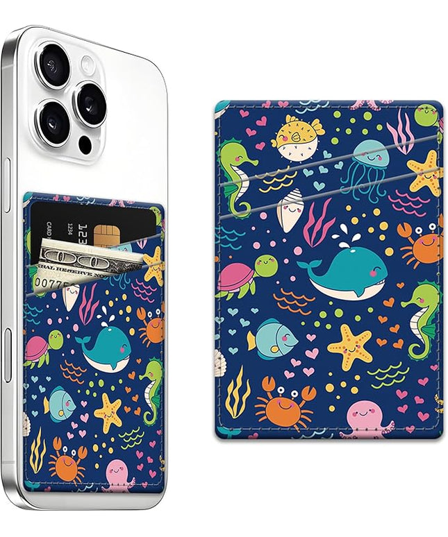 Phone Card Holder, Dual Pocket Leather Wallet Adhesive Stick On, Cute Credit Card Holder for Smartphones Case Compatible with Most Phone（Cute whale）