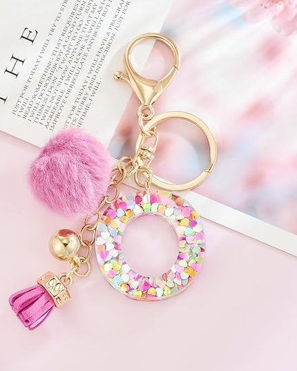 Resin Alphabet Initial Letter Keychain Keyring for Women Purse Handbags With Fur Ball Pom