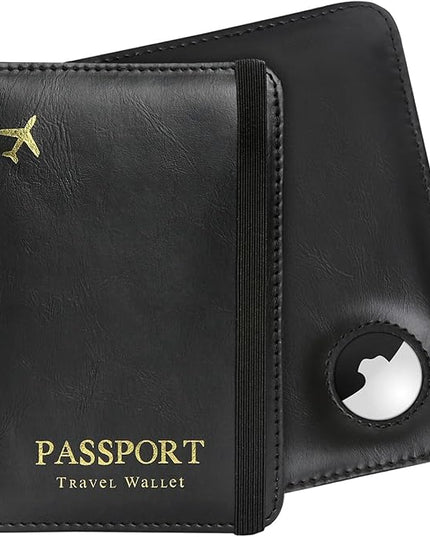 Passport Holder with AirTag – RFID Blocking Travel Document Wallet, Leather Passport Cover with AirTag Slot, Keeps Passport Safe & Trackable (Black)