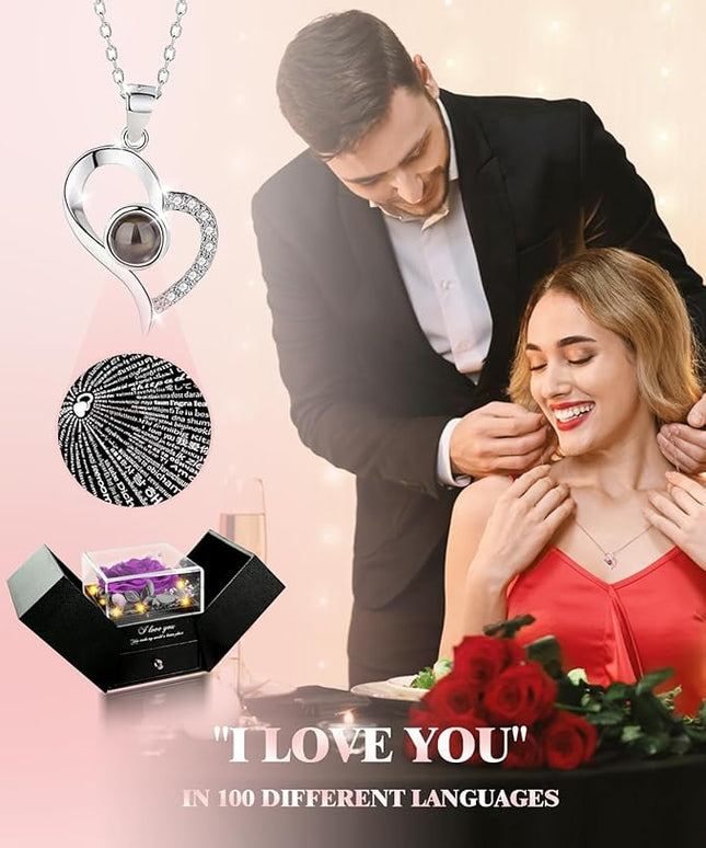 Birthday Gifts for Women, Preserved Real Roses with Heart Necklace I Love You in 100 Languages, Romantic Anniversary Wedding Gifts for Women Her Girlfriend Wife, Forever Roses Necklace Gift Box Purple