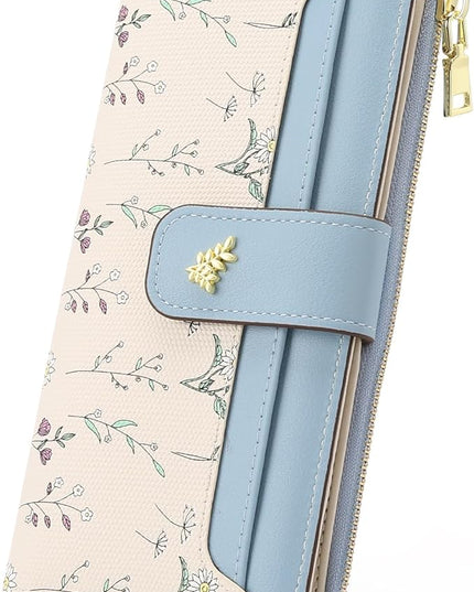 GAEKEAO Womens Wallet Slim Thin RFID Blocking Floral Vegan Leather Card Holder Bifold Long Ladies Wallet with Zipper Pocket