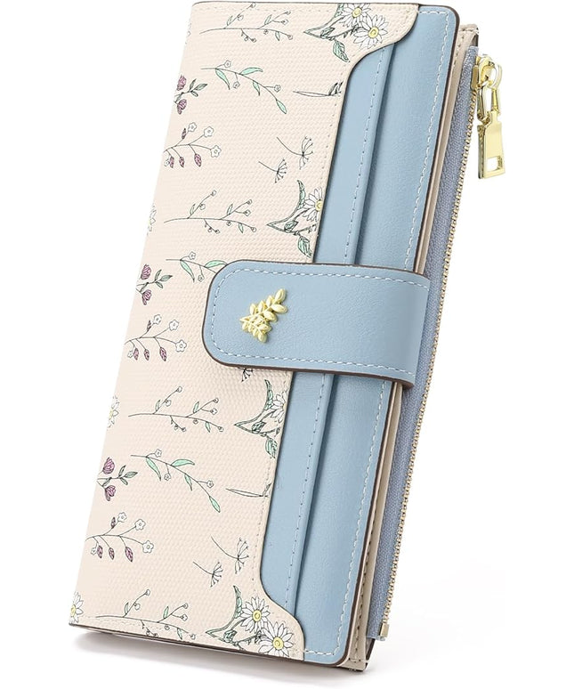 GAEKEAO Womens Wallet Slim Thin RFID Blocking Floral Vegan Leather Card Holder Bifold Long Ladies Wallet with Zipper Pocket
