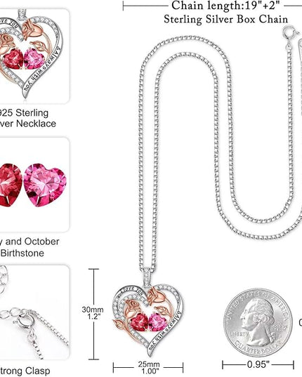 Iefil Christmas Gifts for Women Wife - 925 Sterling Silver Rose Heart Birthstone Necklace Birthday Anniversary Jewelry Gifts for Her Wife Mom Daughter