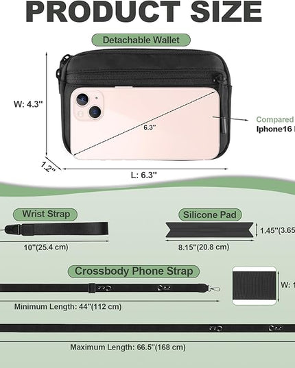 Clip and Go Strap for Phone with Wallet Crossbody, Adjustable Phone Lanyard with Detachable RFID Wristlet Wallet, Universal Phone Strap with 360° Rotatable Phone Tabs for All Phones (Black)