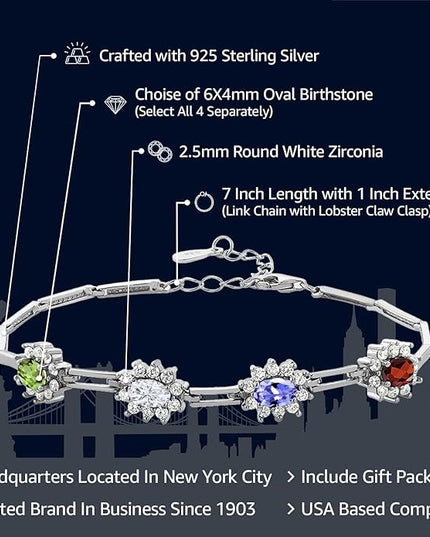 Gem Stone King Customized and Personalized 4 Gemstone Birthstone Tennis Bracelet For Women | 925 Sterling Silver | 3.56 Cttw | 7 Inch with 1 Inch Extender | Fine Jewelry Gifts for Her Mom Women Wife