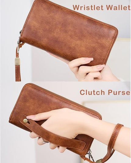 YAPAIOU Wallet For Women Large Capacity Wristlet Purse for Women RFID Blocking Multi Clutch Wallet Brown