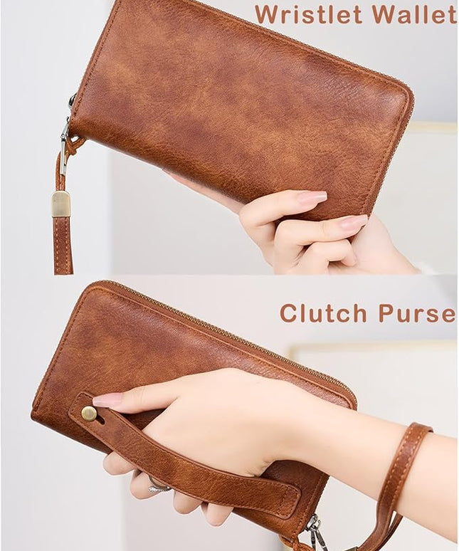 YAPAIOU Wallet For Women Large Capacity Wristlet Purse for Women RFID Blocking Multi Clutch Wallet Brown