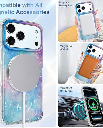 Cute Case for iPhone 17 Pro Max Case for Women Girls [Compatible with Magsafe] with Translucent Pearl Pattern Design, Aesthetic Girly Magnetic Protective Phone Cover, Blue