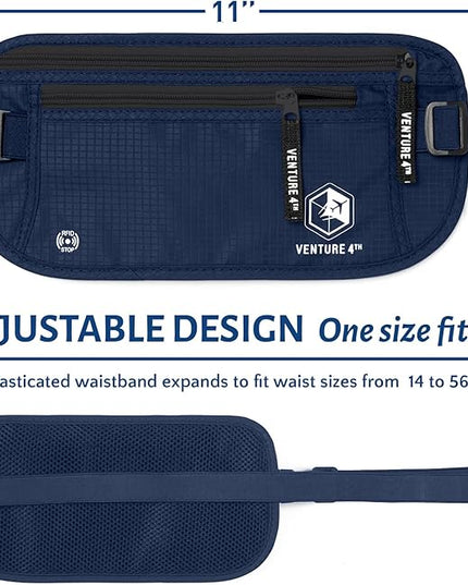 VENTURE 4TH Money Belt for Travel – Hidden Under-Clothes RFID Blocking Passport Holder & Slim Travel Wallet Pouch for Men & Women to Protect Cash, Cards & Documents (Navy Blue)