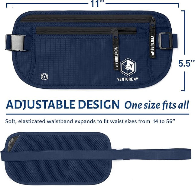 VENTURE 4TH Money Belt for Travel – Hidden Under-Clothes RFID Blocking Passport Holder & Slim Travel Wallet Pouch for Men & Women to Protect Cash, Cards & Documents (Navy Blue)