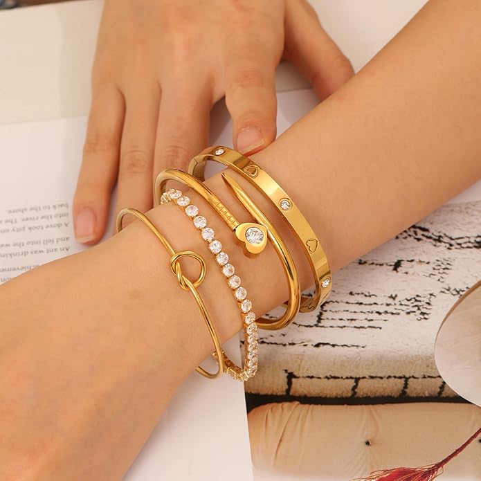 18 K Gold Plated Love Bangle Bracelet Stack Cuff Jewelry for Women Jewelry Set for Women Gift with Box