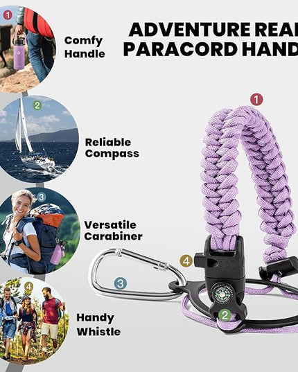 Insulated Water Bottle 32 oz, Triple Wall Vacuum Stainless Steel (Cold for 48 Hrs), Leak Proof & Non-BPA, Modern Water Flask Jug with Paracord Handle & Straw Spout Lids, Lilac