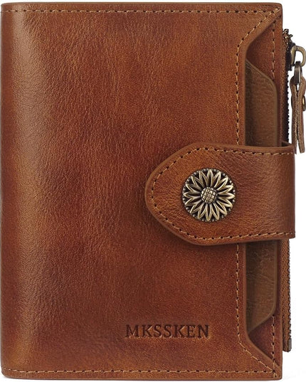 MKSSKEN Wallet Women,Rfid Blocking Leather Womens Wallet,Bifold Compact Carteras Para Mujer Card Holder with Removable ID Window(brown)