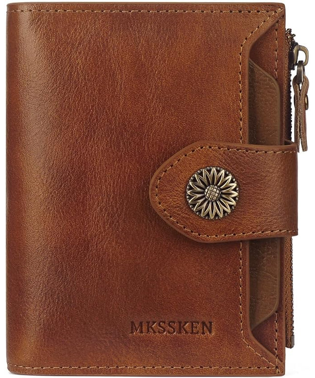 MKSSKEN Wallet Women,Rfid Blocking Leather Womens Wallet,Bifold Compact Carteras Para Mujer Card Holder with Removable ID Window(brown)