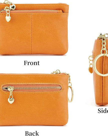 ZOOEASS Women PU Leather Zip Mini Coin Purse With Key Ring Triple Zipper Card Holder Wallet (Orange)