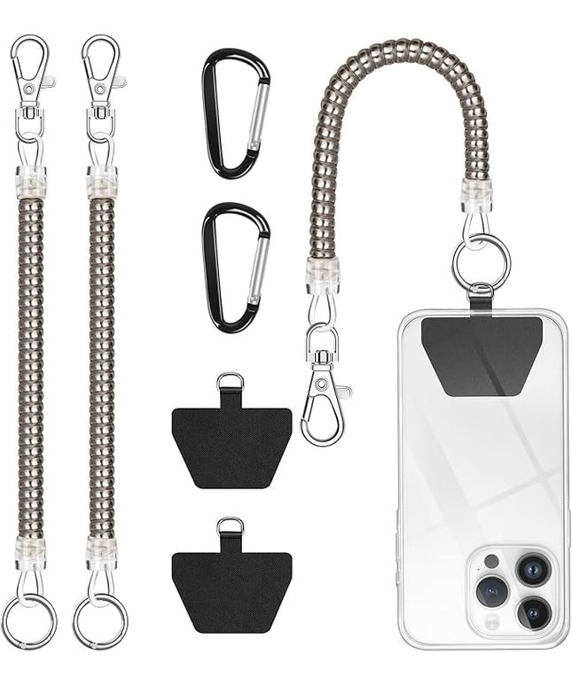 takyu Phone Tether, 2PCS Phone Leash Anti-theft Phone Strap with 2*Tab and 2*Carabiner for Hiking Climbing Shopping Fit for iPhone Samsung Most Smartphones (Silver)