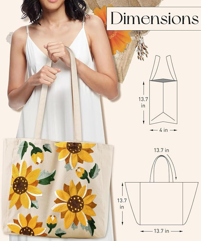 Aesthetic Embroidery Tote Bag for Women - Reusable Canvas Cute Shoulder Bag for Shopping, Grocery, Work, Book