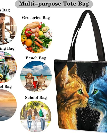 Pardick Canvas Tote Bags, Cute Black Cat Tote Bag Eco Friendly Reusable Grocery Shopping Bagsfor Beach, Books, Women with Zipper Inner Pocket
