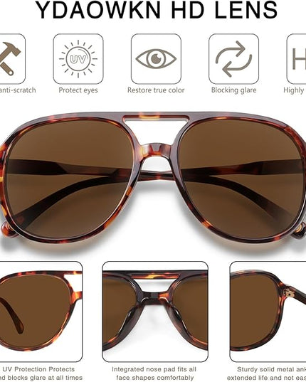 YDAOWKN Retro Square Aviator Sunglasses for Womens Mens Vintage 70s Double Bridge Sun Glasses