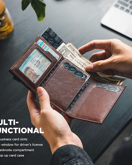 VULKIT Pop up Card Wallet Minimalist Cash Wallets RFID Blocking Leather Smart Credit Card Holder with ID window for Men (Espresso)