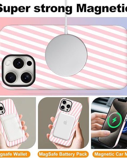 Magnetic for iPhone 16 Pro Max Case Cute Diagonal Stripes Phone Case, Shockproof Slim TPU and Hard PC Protective Phone Cover Compatible with MagSafe Designed for Women Girls,Pink