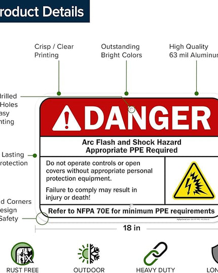 Danger Arc Flash And Shock Hazard Appropriate PPE Required Sign, 12x18 Inches, Rust Free .063 Aluminum, Fade Resistant, Made in USA by My Sign Center