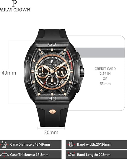 Paras Crown Watches for Men Tonneau 5ATM Waterproof Quartz Luxury Chronograph Analog Men's Wrist Watches Stainless Steel Case Mens Watches