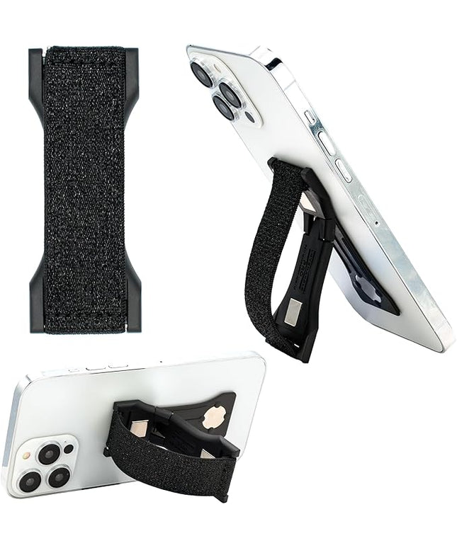 LOVEHANDLE PRO Premium Phone Grip - Elastic Phone Strap - Magnetic Phone Mount and Kickstand for Smartphone and Tablet - Black Glitter