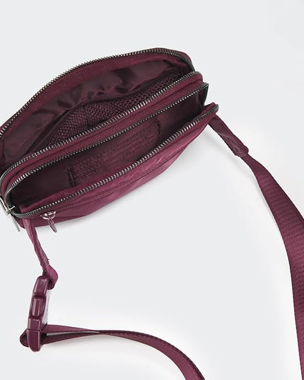 Pander Everywhere Belt Bag for Women, 5 Zipper Pockets Nylon Crossbody Fanny Pack Purse (Red Merlot)