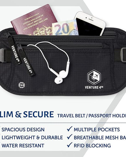 VENTURE 4TH Money Belt for Travel – Hidden Under-Clothes RFID Blocking Passport Holder & Slim Travel Wallet Pouch for Men & Women to Protect Cash, Cards & Documents (Pure Black)