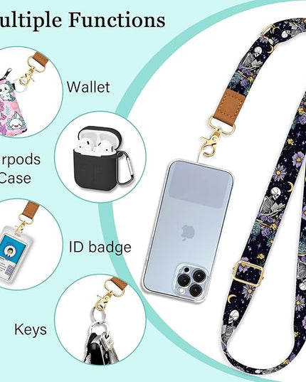 Phone Lanyard Crossbody Strap, Skeleton Flower Cell Phone Lanyards for Around the Neck Wristlet Shoulder, Funny Skull Gothic Wrist Strap Adjustable Accessories Travel Essentials