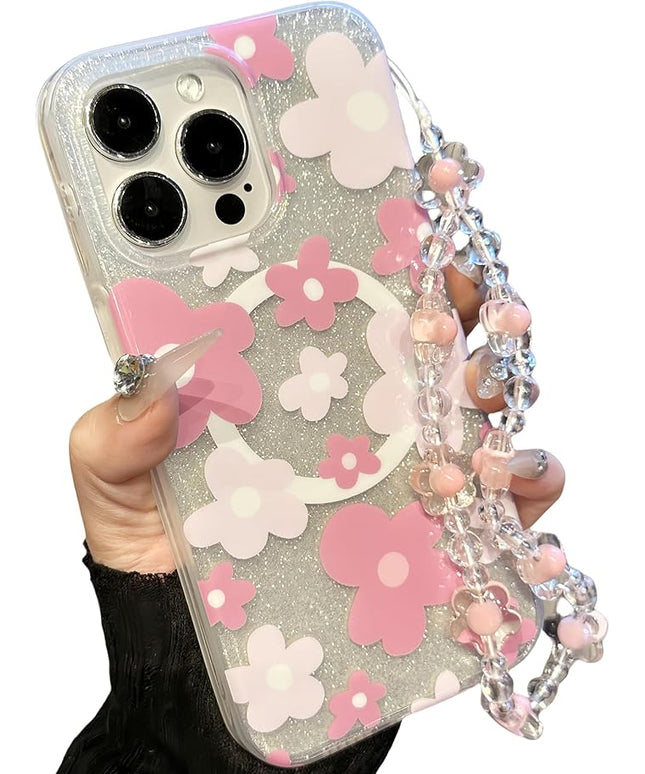 Compatible with iPhone 13 Pro Cases Cute Bling Sparkly Floral Phone case,Flower with Wrist Strap Design, Compatible MagSafe Silicone Shockproof Phone case for Women and Teenage Girls.