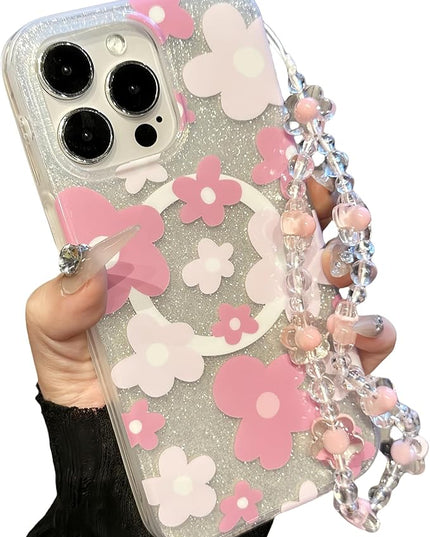 Compatible with iPhone 14 Cases Cute Bling Sparkly Floral Phone case,Flower with Wrist Strap Design, Compatible MagSafe Silicone Shockproof Phone case for Women and Teenage Girls.