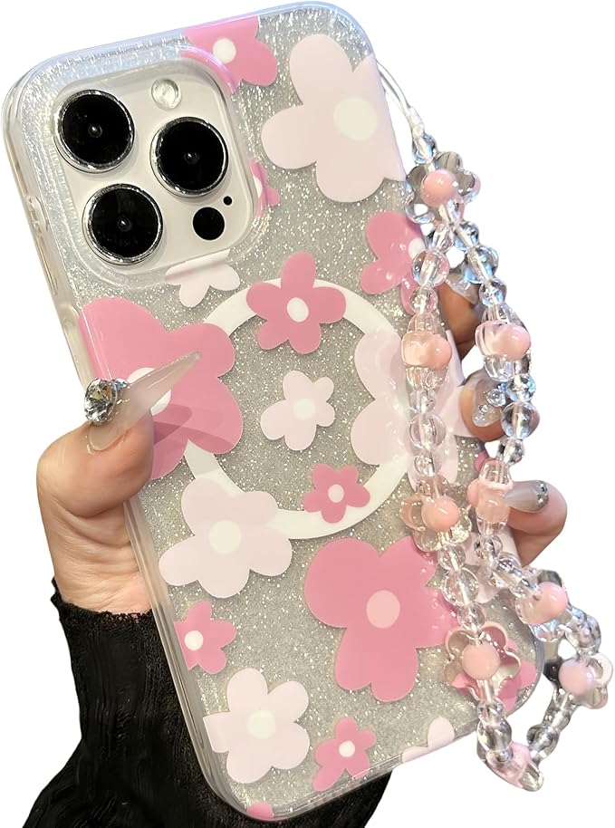 Compatible with iPhone 14 Cases Cute Bling Sparkly Floral Phone case,Flower with Wrist Strap Design, Compatible MagSafe Silicone Shockproof Phone case for Women and Teenage Girls.