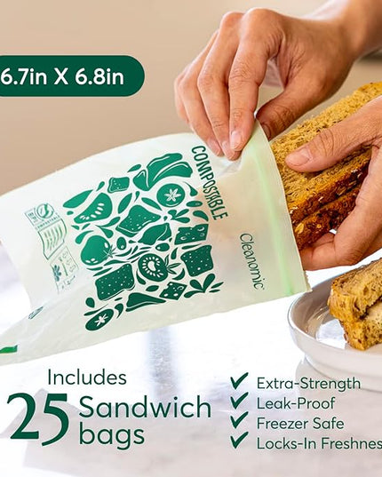 Cleanomic Compostable* Sandwich Size Food Storage Bags (25 Eco Zip) Freezer and Leak Proof, Also Available Gallon, Quart and Snack Size Bags