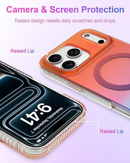 Aesthetic Case for iPhone 17 Pro Case for Women Girls [Compatible with Magsafe] Cute Girly Trendy Glitter Sparkly Rainbow Magnetic Protective Phone Cover, Matte Iridescent Orange & Blue