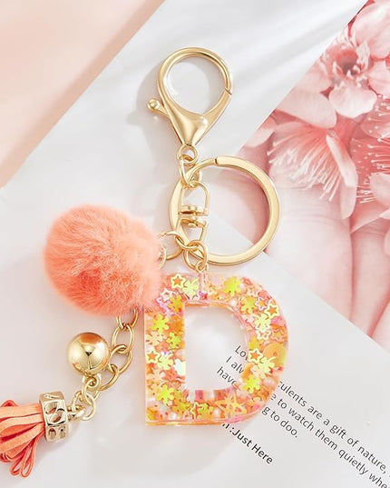 Resin Alphabet Initial Letter Keychain Keyring for Women Purse Handbags With Fur Ball Pom