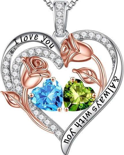 Iefil Christmas Gifts for Women Wife - 925 Sterling Silver Rose Heart Birthstone Necklace Birthday Anniversary Jewelry Gifts for Her Wife Mom Daughter